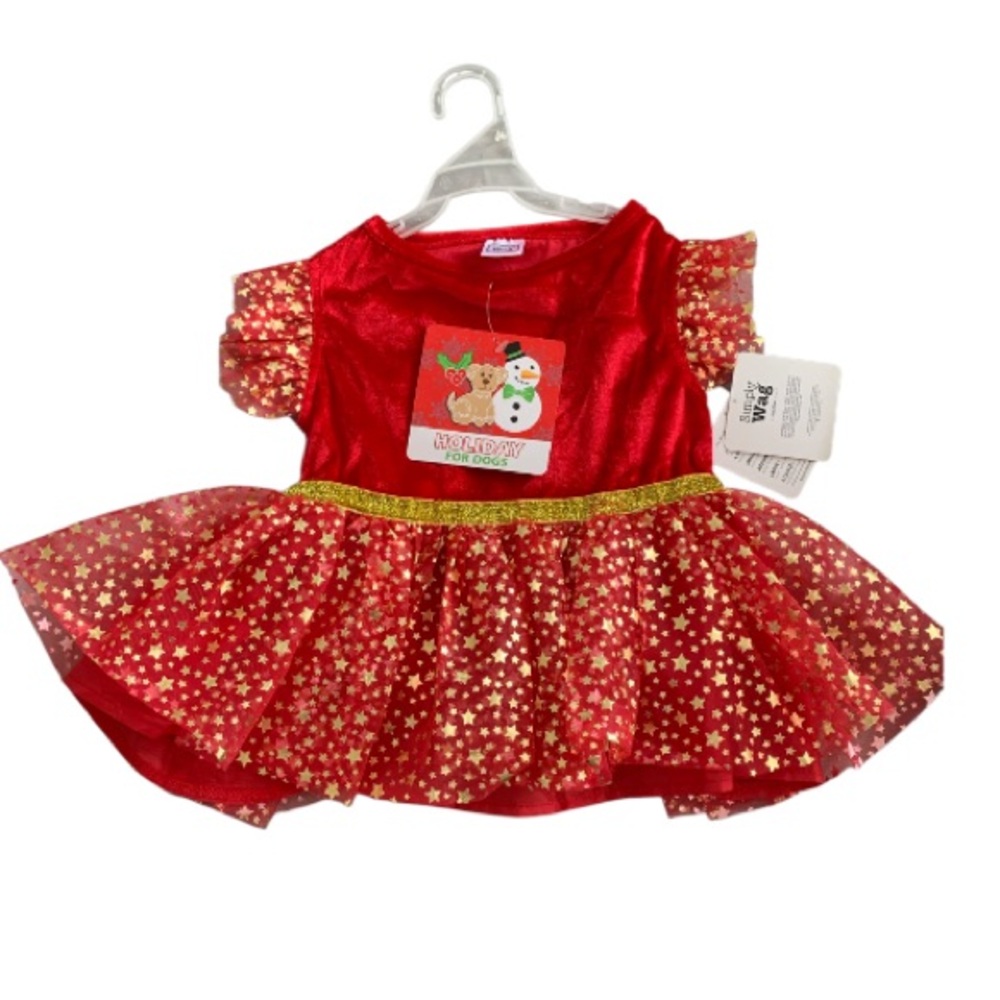 NWT SIMPLY WAG PET DOG RED-GOLD TU TU SKIRT-GOLD STARS CHRISTMAS DRESS SZ MED.